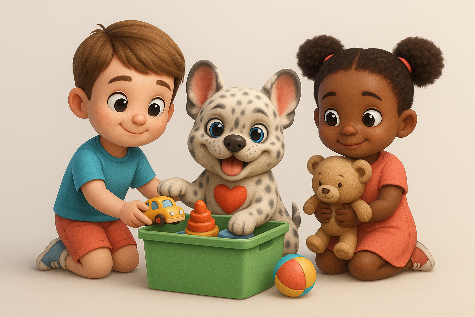 Lupo helping children clean up toys